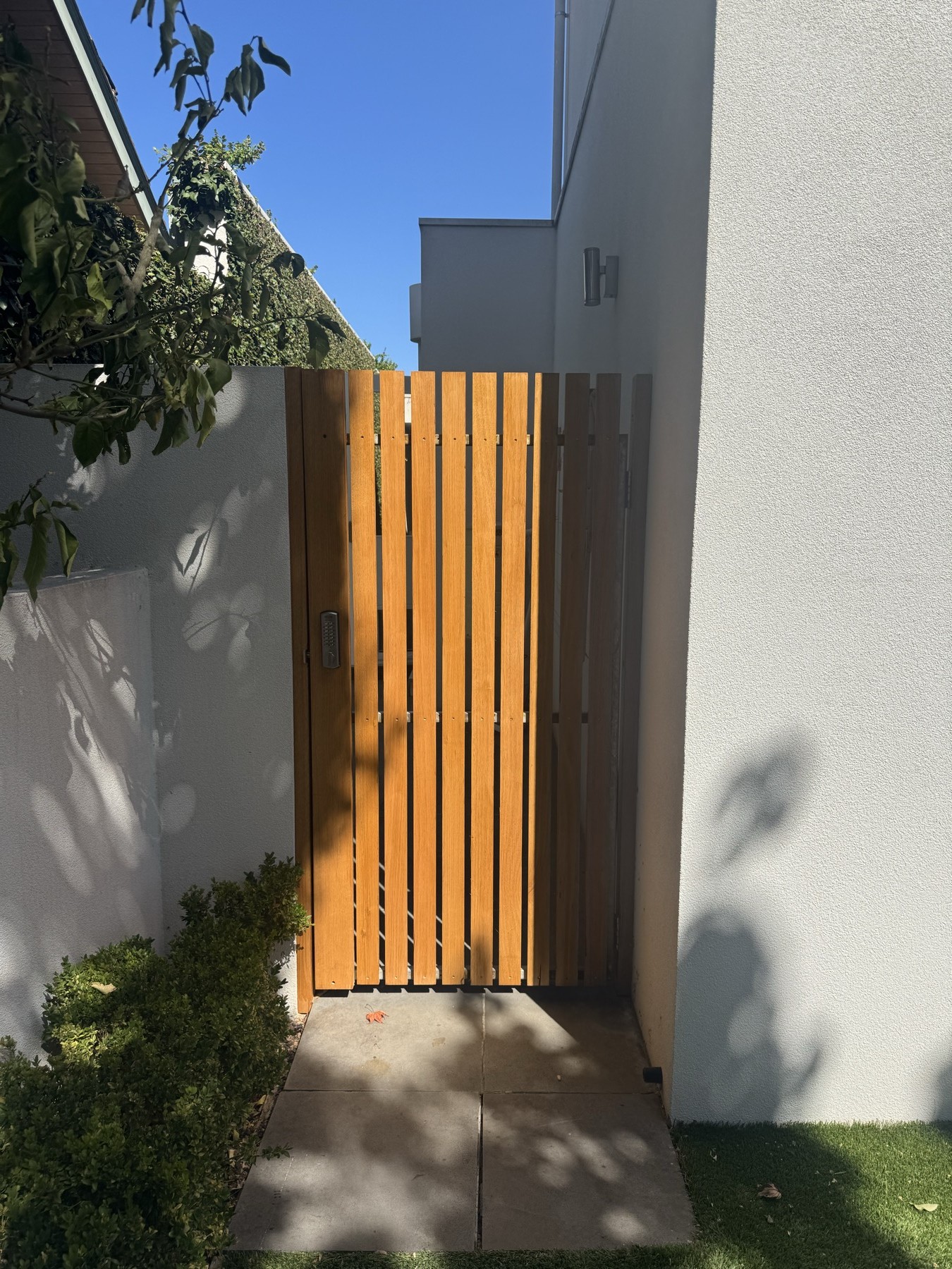 Vertical timber side gate between rendered walls